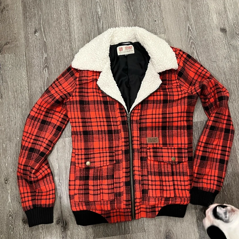Volcom Red and Black Plaid Jacket with White Collar - Picture 3 of 16